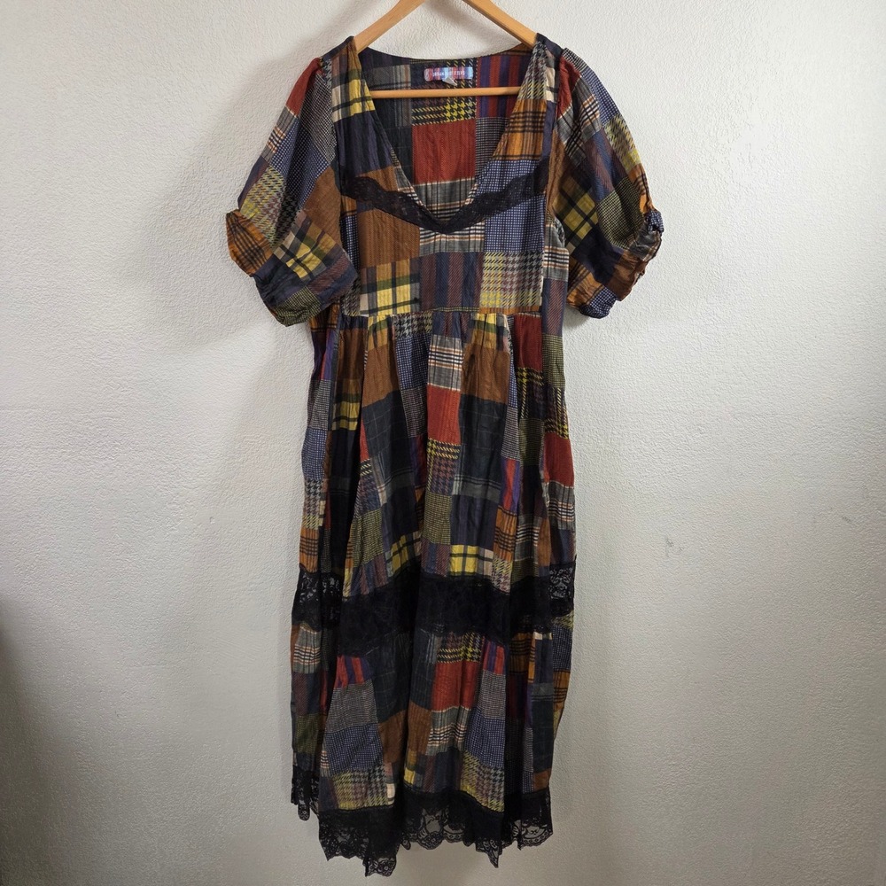 Urban Outfitters Patchwork Plaid Lace Trim Midi Dress Multi Color V-Neck Size M